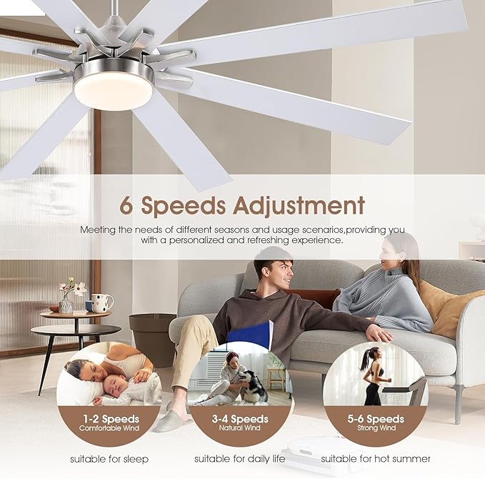 72 Inch Large Ceiling Fans with Lights and Remote, Indoor/Outdoor Nickel Modern Industrial Ceiling Fan with light for Living Room Patios Porch, Reversible Quiet Motor, 8 Dual Finish Blades