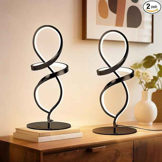 Mayful Modern Lamp with LED Spiral Design, Bedside Lamp with Stepless Dimming Switch, Contemporary Nightstand & Black Table Lamp for Bedroom, Living Room, Home Office, 12W 3200K Warm White,2 Pack