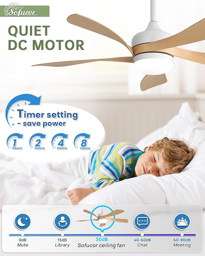 Sofucor 45" Smart Ceiling Fan, Outdoor Modern Ceiling Fans with Lights and Remote, Works with Alexa/Google/App, 3-Color Light 6-Speed Timing Reversible DC Motor for Living Room Bedroom Patio