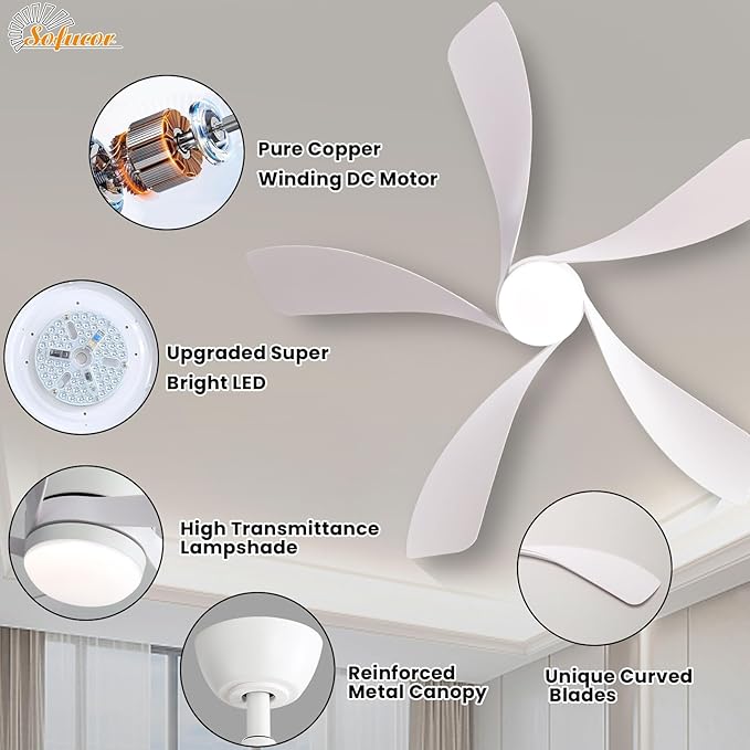 Sofucor 52" Smart Ceiling Fan, Indoor/Outdoor White Ceiling Fans with Lights and Remote, Works with Alexa/Google/App, 3-Color Light 6-Speed Timing Reversible DC Motor for Bedroom Living Room Patio