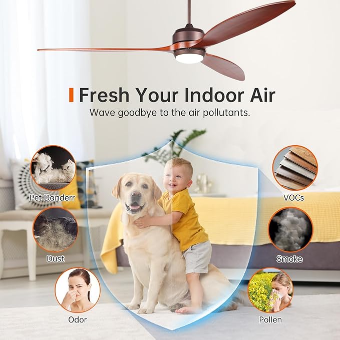 reiga 65 Inch Walnut Wood Ceiling Fan with Lights and Remote Control, Quiet Reverse DC Motor, High Airflow, Timer Function, and Built-in Air Purifier Coconut Carbon Pads for Home - Aura Lighting