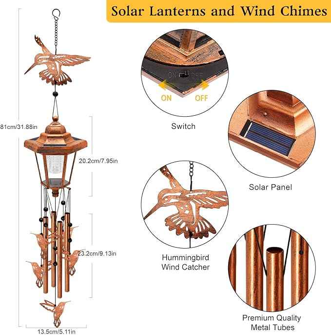 2 Pack Solar Hummingbird Wind Chimes, Gifts for Women Mom Grandma Wife Sister Daughter Neighbor, Classic Bronze Wind Chimes with Wind Catcher, Solar Decor Lights for Outdoor Garden Patio Porch Window