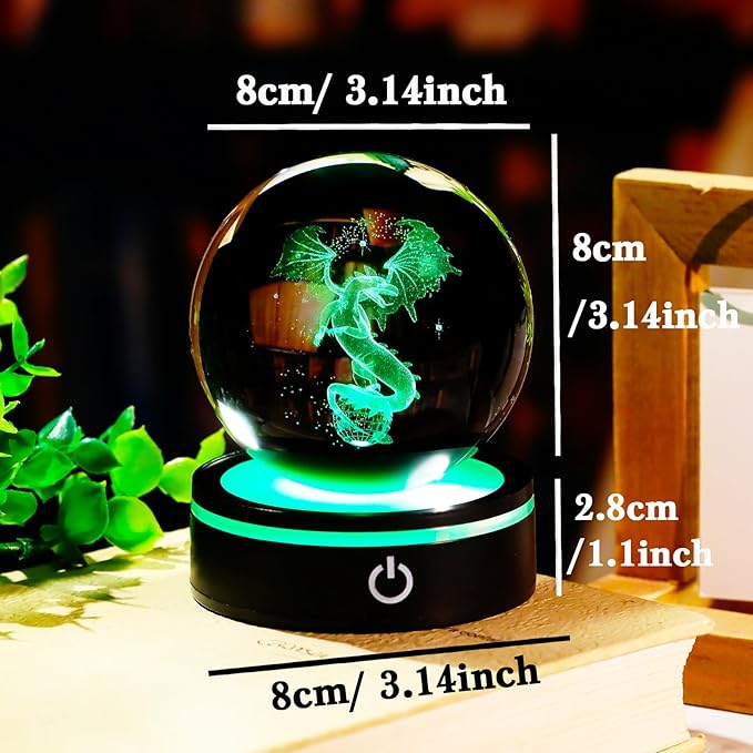 YWHL 3D Dragon Figurine Crystal Ball with Colorful Light Base, Dragon Gifts for Women Men on Birthday, Animals Collectible Sphere for Home Decor (80mm)
