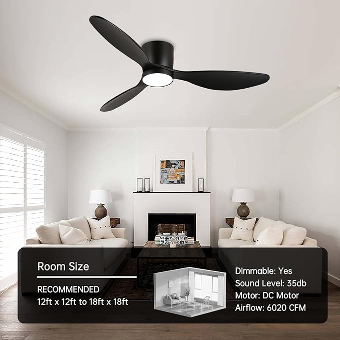 reiga 52 Inch Wood Black Modern Flush Mount Indoor Ceiling Fan with Light and Remote, 3 Propeller Blade, Quiet DC Motor for Bedroom Living Room - Aura Lighting