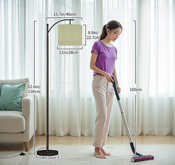 Floor Lamp Elegant Green Fan Delicate Floral Accents Flowers Arc Floor Lamp with Remote Modern Dimmable Standing Lamps for Living Room Bedroom Office Home Room Decor