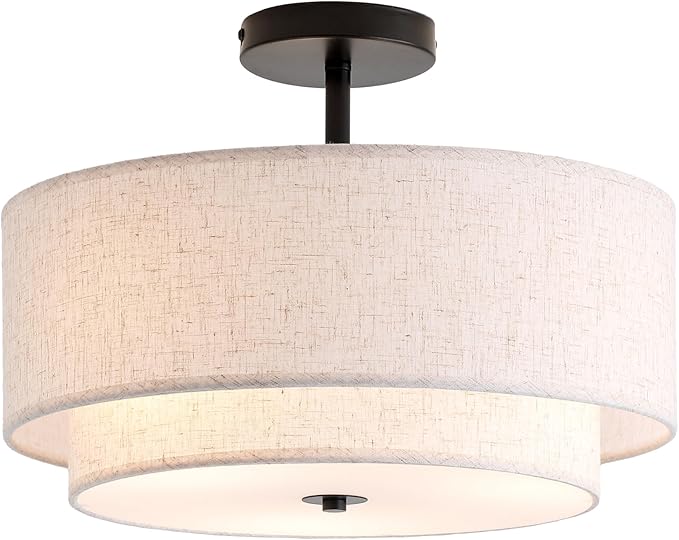 16" Double Drum 3-Light Semi Flush Mount Ceiling Light, Classic Fabric Linen Shade Design for Living Room, Bedroom, Kitchen, Dining Room, Hallway and Entryway - Aura Lighting