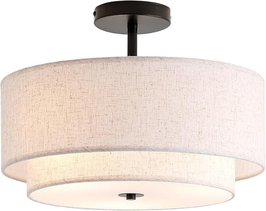 16" Double Drum 3-Light Semi Flush Mount Ceiling Light, Classic Fabric Linen Shade Design for Living Room, Bedroom, Kitchen, Dining Room, Hallway and Entryway - Aura Lighting