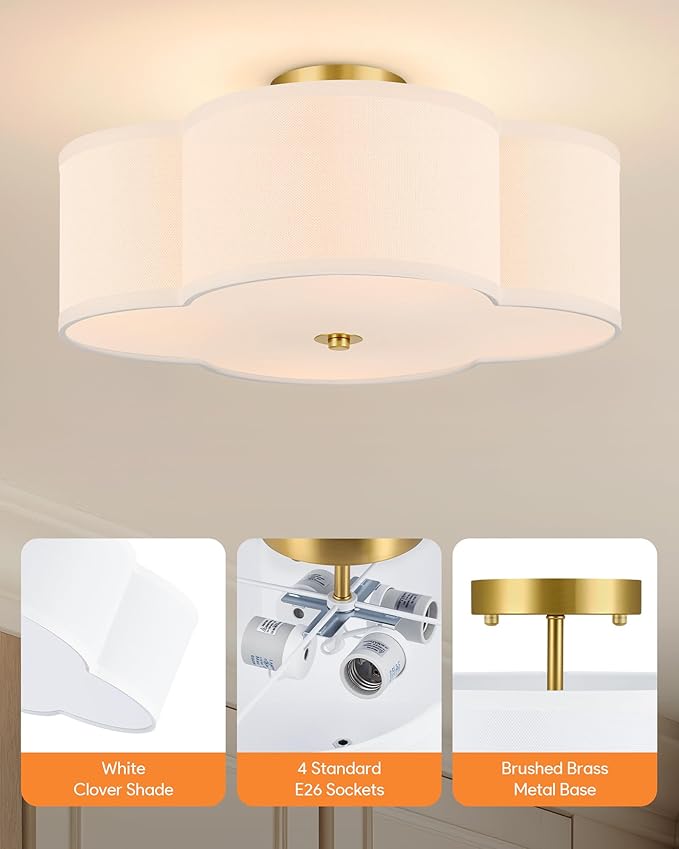 VONLUCE Semi-Flush Mount Ceiling Light, 15.8" Modern 4-Light Ceiling Light Fixture with White Clover-Shaped Shade 4 E26 Sockets for Bedroom Entryway Living Room, Gold Finish, ETL Certificated - Aura Lighting
