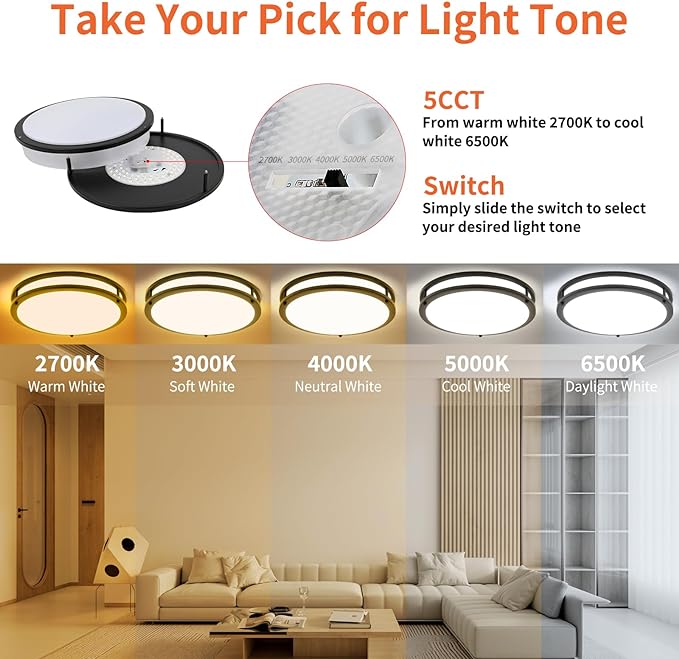 13Inch 36W Ceiling Light Fixtures 2 Packs, 5CCT Flush Mount Ceiling Mount Lights 2700K 3000K 4000K 5000K 6500K, Dimmable Close to Ceiling Lights, LED Ceiling Lights for Bathroom Kitchen Bedroom, Black - Aura Lighting