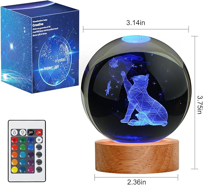 Cat Gifts for Cat Lovers for Women, Large 3D Night Light, Crystal Lamp 16 Color Changing with Remote Control for Bedroom Decor, Play with Butterfly