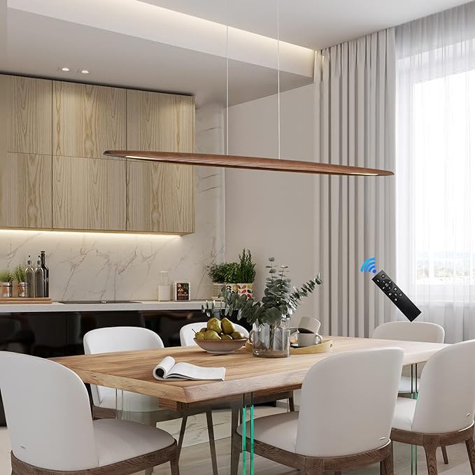 71" Wood Linear Pendant Light Wood Linear Dinning Room Light Island Lights LED Dimmable Chandelier 40w for Dining Room Billiard & Pool Table Walnut Color - Aura Lighting