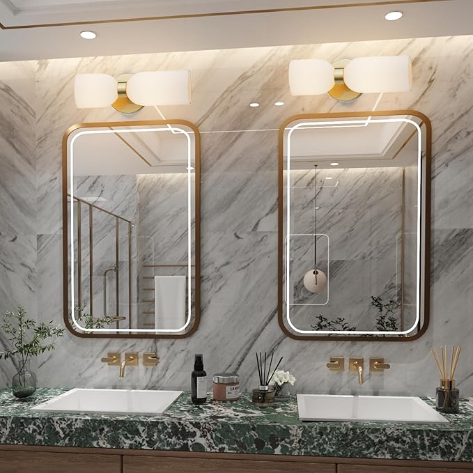 Tiapce 2 Light Modern Bathroom Light Fixtures Over Mirror,Brass Finish Vanity Lights for Bathroom Wall Sconces with Milky White Glass Shades,E12 Socket (Bulbs Not Included)