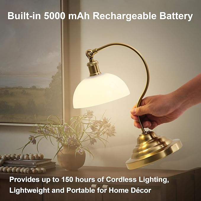 Cordless LED Table Lamp Set of Two, Swing Arm Desk Lamp, Battery Operated,Dimmable/3 Color,Modern Rechargeable Table Light for Living Room,Bedroom,Bedside, White Glass Shade, Brass - Aura Lighting