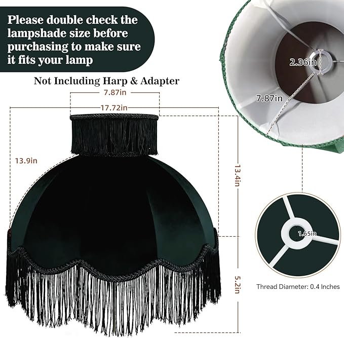 Caramel-colored velvet fringe lampshade 7.8" Top x 17.7" Bottom x 13.4" High x 15 Slant"- Large Dome with Scalloped Edge & Fringe Tassels, for Table/Floor Lamps (1, Dark green, Large)