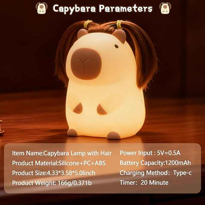 Cute Capybara Night Light with DIY Hairstyle ,Squishy Silicone Lamp, Nursery Nightlight for Kids, Rechargeable Touch Bedside Lamp, Bedroom Decor, Baby Boys Girls,White Elephant Gifts,Funny Xmas Gifts