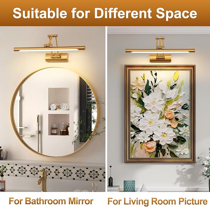 Picture Lights for Wall 17in Modern Picture Light LED Art Light for Paintings Gallery Dartboard Adjustable Swing Arm Wall Lights Display Art Light 3000K Hardwired Connection, Brass-Colored