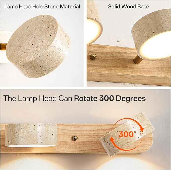 Travertine Vanity Light, 300° Swivel Japandi Ash Wood LED Wall Sconce, Natural Stone Mirror Lighting Fixtures, 20" 3-Light Modern Rustic Wall Lamp for Bathroom & Bedroom (110V)