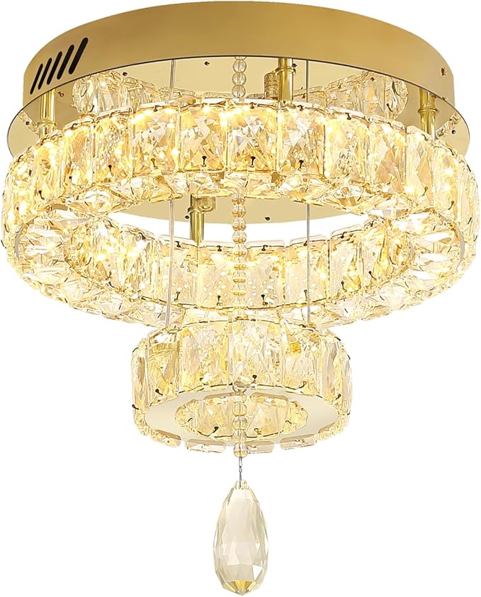 Flashing God Dia 12" Mini Chandelier Modern Crystal Chandeliers for Hallway Gold Flush Mount Ceiling Light Modern Chandeliers Lighting for Bedroom Staircase Kitchen