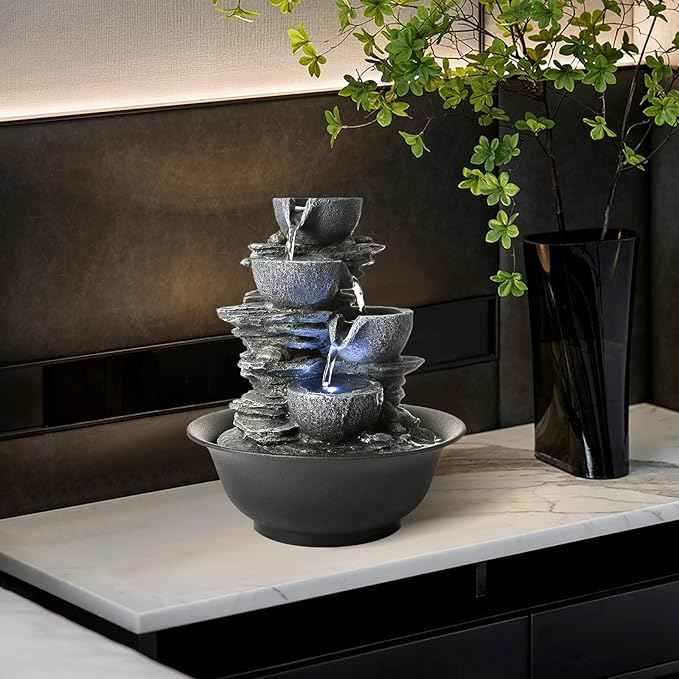 WICHEMI Tabletop Fountain Warer Fountains Indoor Waterfall Fountain Indoor Relaxing Water Feature Meditation Fountains with LED Light for Home Office Bedroom Decor (Style 15)