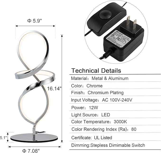 Mayful Modern Lamp with LED Spiral Design, Bedside Lamp with Stepless Dimming Switch, Contemporary Nightstand & Chrome Table Lamp for Bedroom, Living Room, Home Office, 12W 3200K Warm White,2 Pack