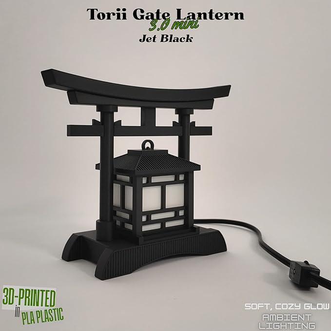 Japanese Torii Gate Lantern - Exquisite Japanese Decor for Home and Room | Desk Lamp Table Lamp Design | Mini Japanese Lantern Transforms Any Space | 3D-Printed | (Jet Black (New 3.0 Mini) - Corded)