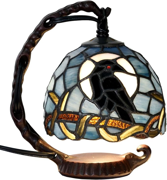 Bieye L12011 Tiffany Style Stained Glass Raven Table Lamp Mini Night Light with Full Moon and Tree Branch Design Bedside Accent Lamp (Dark Blue, 7Wx8H)