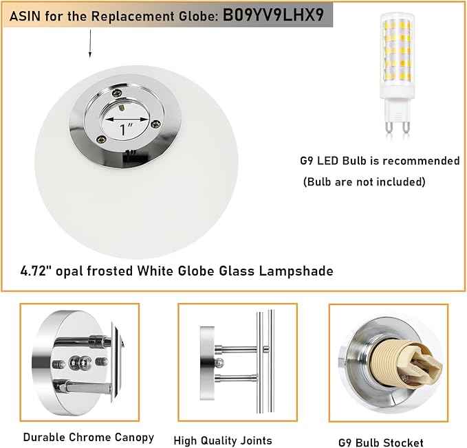 Modern Chrome Wall Sconce, 7.5" W x 20" H, G9 Base, Fully Dimmable, Ideal for Bathroom, Kitchen, Living Room, Office