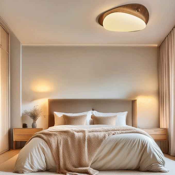 Modern Nordic Ceiling Light, 3-Color Dimming Walnut & Cream Wood Grain Pebble LED Ceiling Lamp, Minimalist Wabi-sabi Flush Mount Light Fixture, for Bedroom Living Room