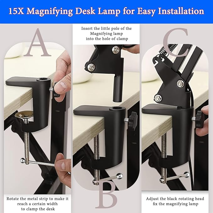 15X Magnifying Glass Desk Lamp with Clamp and Base, Real Glass Lens, 84 LEDs, 5 Color Modes Dimmable, Led Lamp Magnifier with Dust Cover, Clean Cloth, Ideal Gift for Seniors, Crafters, Hobbyists - Aura Lighting