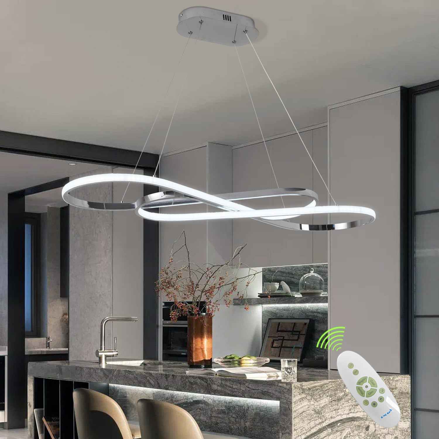 Minimalist Dimmable LED Pendant Chandelier with Remote Control | Sleek ceiling hanging light fixture, decorative lamp over table, suitable for kitchen island and dining room indoor lighting