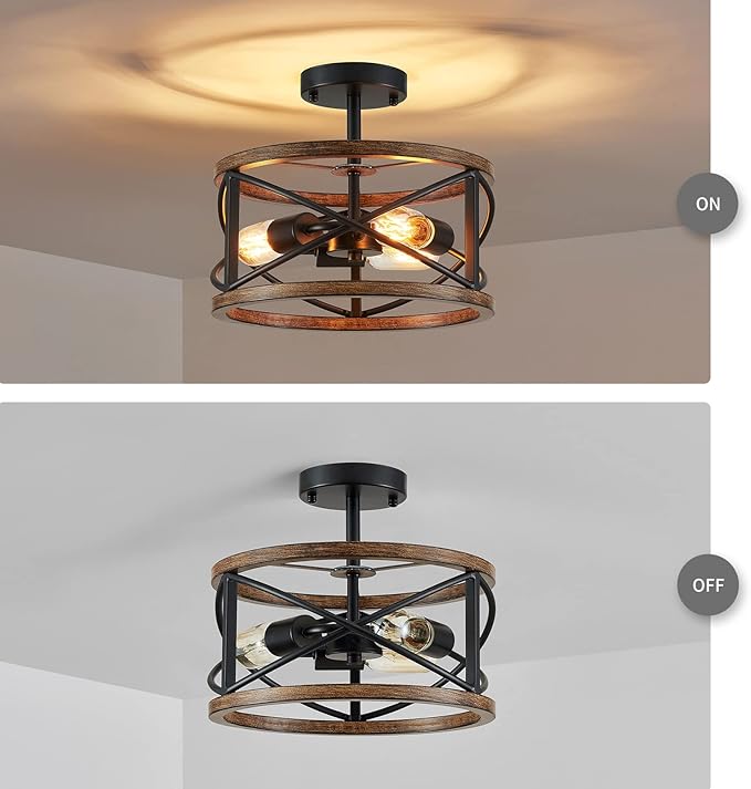 WUZUPS Chandelier 3-Light Imitation Wood Grain Vintage Farmhouse Industrial Semi-Flushmount Ceiling Light Lighting Fixture for Foyer Hallway Storage Room Kitchen Bathroom, H 9.4" W 12", Black