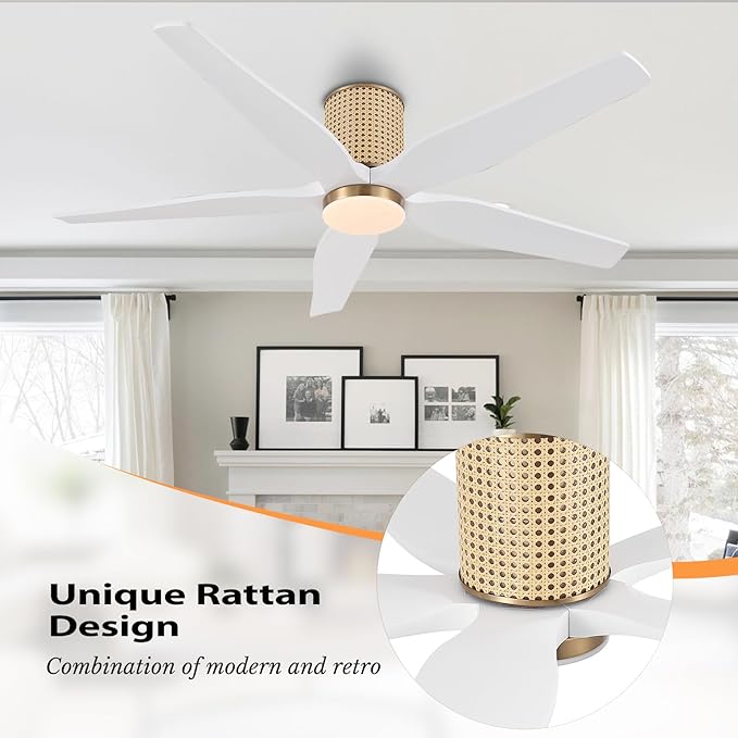 54" Ceiling Fan with Light - Low Profile Flush Mount Ceiling Fan, 6-Speed Remote Control, Solid Wood, Quiet Reversible DC Motor, White/Gold Finish, for Bedroom, Living Room, Porch - Aura Lighting