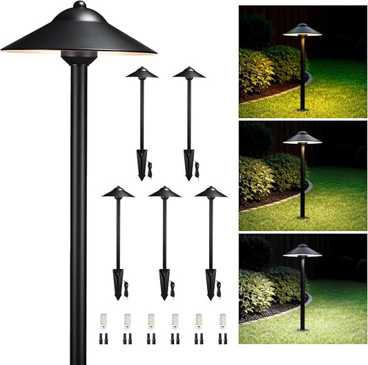 Gardenreet Brass low voltage pathway lights - 3 Color Temp Selectable Black 12V Path Light Waterproof, Wired Outdoor LED Landscape Area Lighting for Garden Walkway with 3W 270LM 2700K G4 Bulb (6 Pack) - Aura Lighting