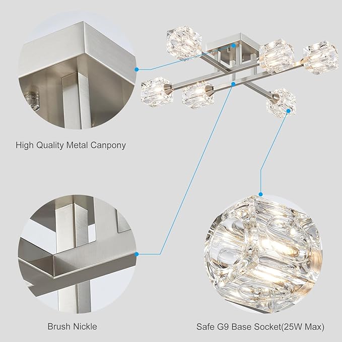XINGQI Sputnik Light Fixture 6-Lights Semi Flush Mount Ceiling Light, Modern Silver Glass Chandelier Brushed Nickel Lighting for Dining Room Living Room Kitchen Bedroom Entryway - Aura Lighting