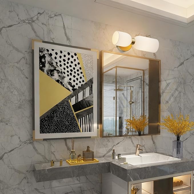 Tiapce 2 Light Modern Bathroom Light Fixtures Over Mirror,Brass Finish Vanity Lights for Bathroom Wall Sconces with Milky White Glass Shades,E12 Socket (Bulbs Not Included)