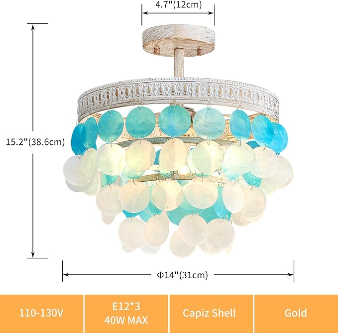 White Blue Capiz Shell Ceiling Light, Capiz Shell Chandeliers for Dining Room, Living Room, Bedroom, Hallway, D12.6'' × H13.4'', 3 * E12 Sockets, White Finish Frame & White Blue Shell - Aura Lighting
