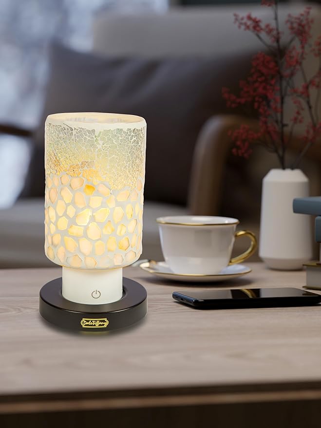 Dale Tiffany TAR24123 Alps White Uplight Mosaic Accent Lamp with Rechargeable Battery and 3-Level Brightness, Multicolor, 8.5-Inch Tall