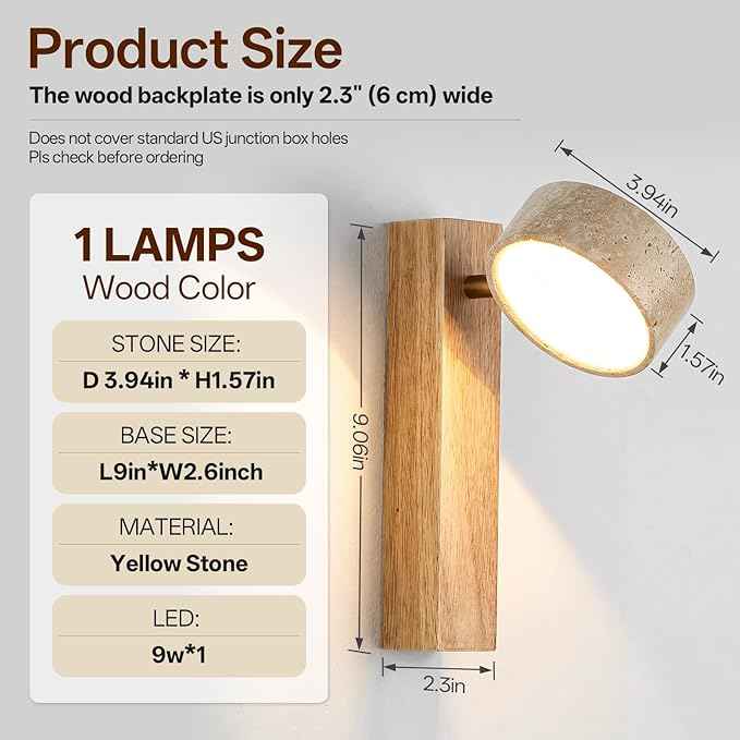Natural Travertine Bathroom Vanity Light, 300° Swivel Japandi Ash Wood LED Wall Sconce, Warm Travertine Stone Farmhouse Mirror Lighting Fixtures, Modern Rustic Wall Lamp for Powder Room Bedroom(110V)