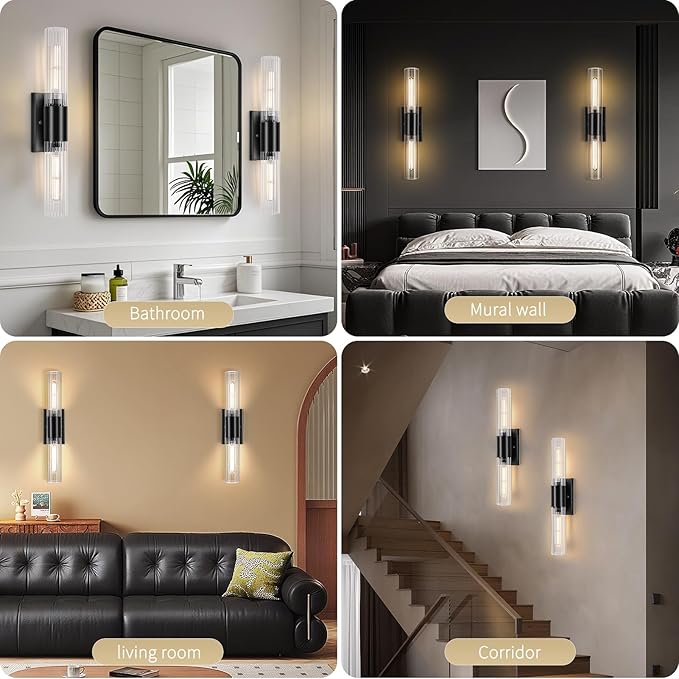 21" Bathroom Vanity Sconces Set of 2, Black Hardwired Wall Sconces Set of Two with Threaded Glass Shade, Modern Up Down Wall Decor Set of 2 for Bathroom Living Room Bedroom Hallway-Bulb Not Included ﻿ - Aura Lighting