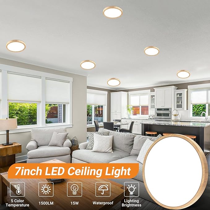 slochi 1Pack LED Flush Mount Ceiling Light Fixture, 7 Inch 15W, 1500LM, Super Slim 0.7 Inch, 3000K-6500K Adjustable Low Profile LED Ceiling Lights for Bedroom, Kitchen, Hallway(Wood)