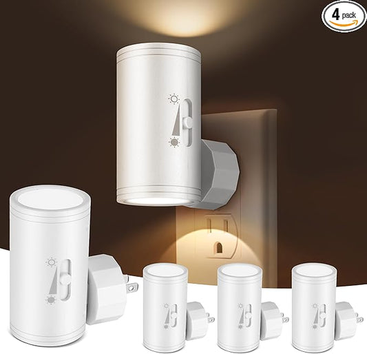 4 Pack LED Plug-in Wall Night Light with Dimmable 0-300 Lumens, 2700K Warm White, Auto On/Off Light Sensor & Adjustable Head for Hallway, Stairs, Bedroom