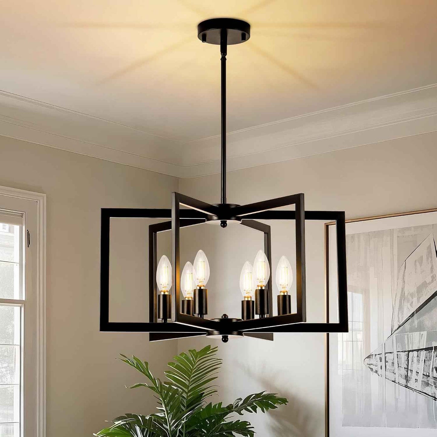 Matte Black Modern Chandelier 6-Light, Geometric Pendant Light Fixture with E12 Candelabra Base (Bulbs NOT Included), Open Frame Hanging Lighting for Dining Room, Kitchen Island, Foyer and Living Room