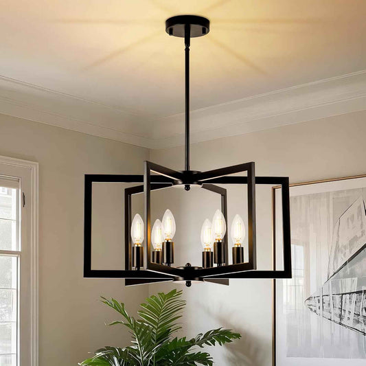 Matte Black Modern Chandelier 6-Light, Geometric Pendant Light Fixture with E12 Candelabra Base (Bulbs NOT Included), Open Frame Hanging Lighting for Dining Room, Kitchen Island, Foyer and Living Room