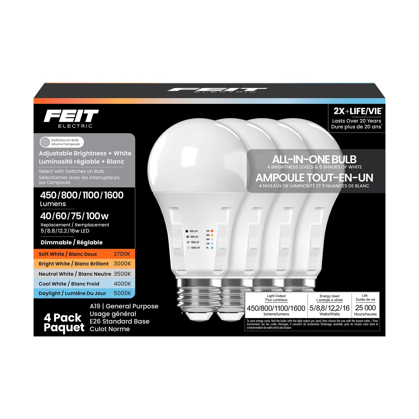 A19 All-in-One LED Light Bulb, 100W Eq, 4 Pack (4 Count)