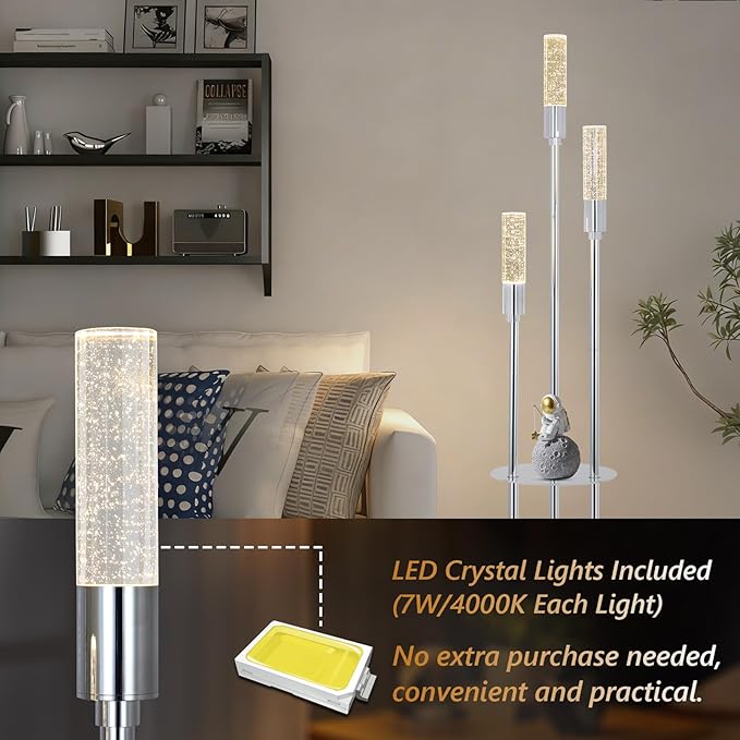 Bubble Crystal Floor Lamp with Shelves, 3 Lights Modern Standing Lamps for Living Room, Built-in LED Lights, Foot Switch, Industrial Tall Corner Floor Lamp for Bedroom Home Office, Silver