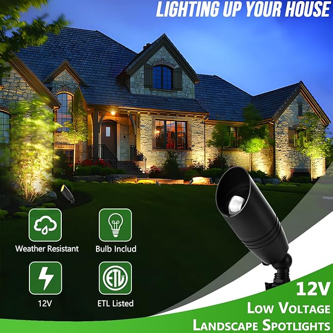 wowlite Landscape Spotlights Outdoor, 12V Low Voltage Landscape Lighting Fixture with 5W MR16 LED Bulb, Black Aluminum Yard Directional Uplights Waterproof for House Trees Patio - Aura Lighting