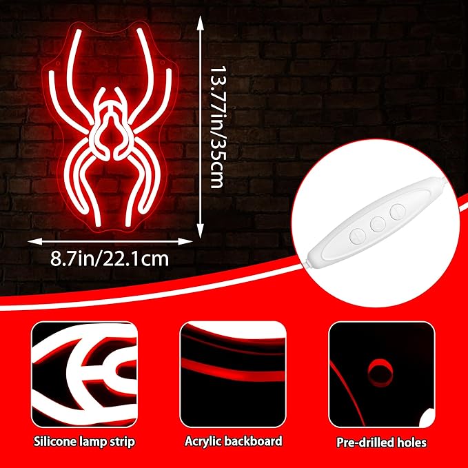 Spider Neon Sign for Wall Decor Dimmable Anime Halloween Neon Light for Man Cave LED Light Up Spider Sign for Game Room Pet Shop Bar Bedroom Halloween Birthday Gifts Art Size 13.7 * 8.7In (WZCP181)