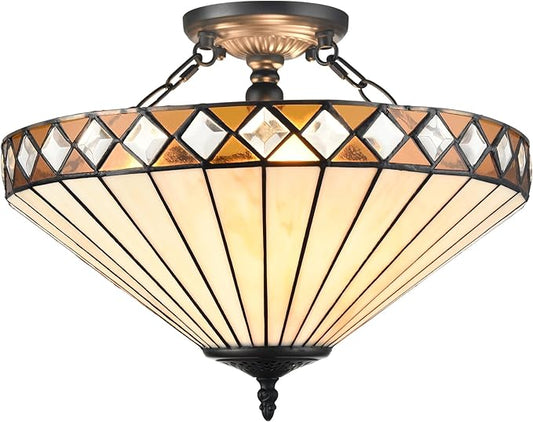 16.6-Inch Tiffany Style Semi Flush Mount Ceiling Light Vintage 3-Light Tiffany Ceiling Light Fixture Stained Glass Flush Mount Ceiling Light for Living Room Bedroom Hallway Staircase Foyer - Aura Lighting