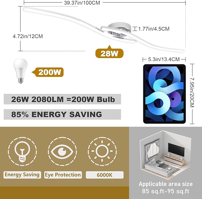 39.37Inch Linear Ceiling Light 6000K Chrome Modern Ceiling Light Fixture 28W Long Flush Mount Ceiling Lamp for Hallway, Kitchen, Bedroom, Dining Room - Aura Lighting