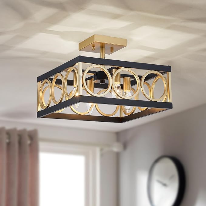 XINGQ Black and Gold Ceiling Light Fixture Modern 4-Light 13'' Semi Flush Mount Ceiling Lights for Living Dining Room Bedroom with Square Metal Shade, E12 Bulb Base - Aura Lighting